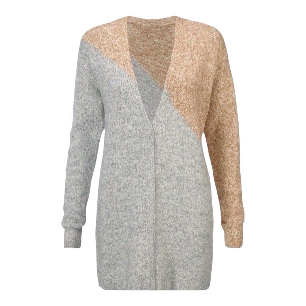 cabi Tilt Color Block V-Neck Cardigan Gray & Tan Marled Knit Sz Medium